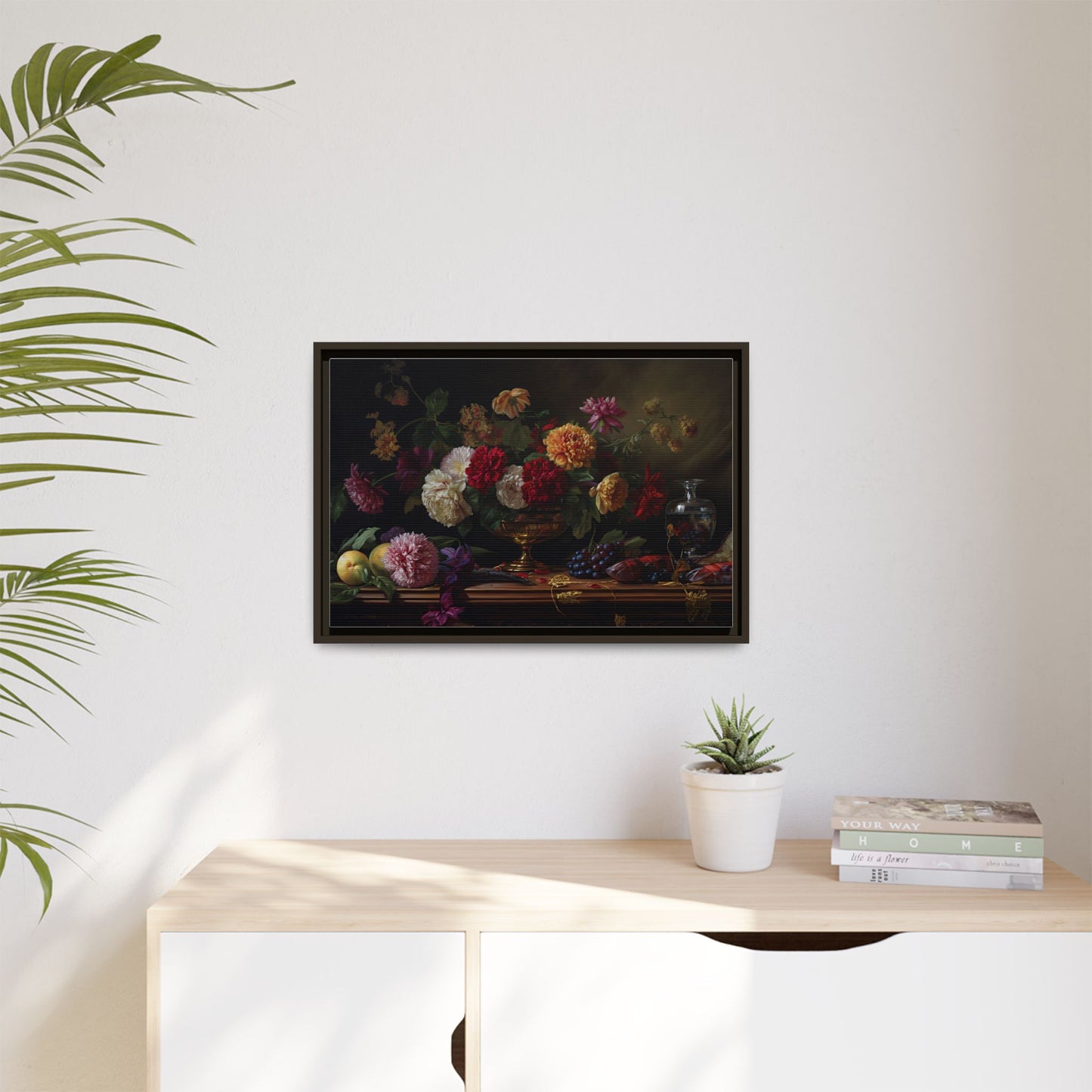 Framed Canvas Art, Classic Floral Still-Life Painting in Burgundy, Gold, Green. Timeless, Elegant Wall Decor. Fine Art Prints, Home Decor,