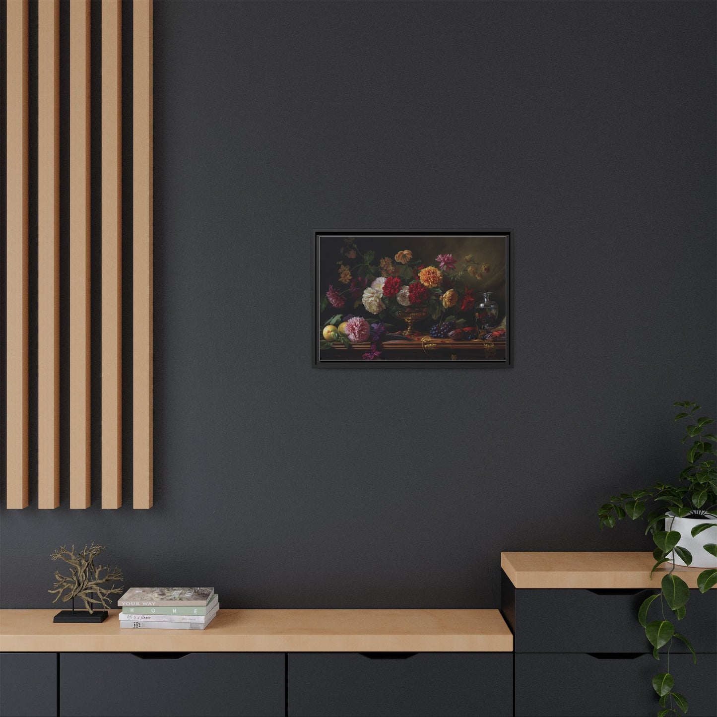 Framed Canvas Art, Classic Floral Still-Life Painting in Burgundy, Gold, Green. Timeless, Elegant Wall Decor. Fine Art Prints, Home Decor,