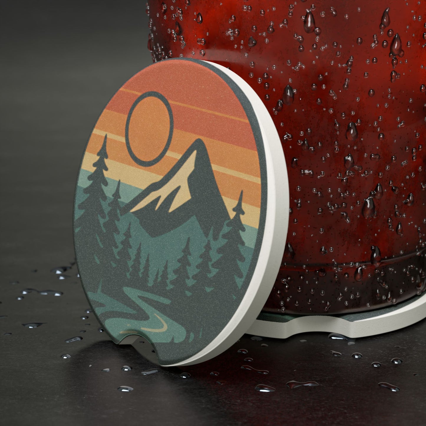 Mountain Sunset Soapstone Car Coaster, Nature Lover Gift, Auto Accessory, Camper Decor, Eco-Friendly Drink Holder