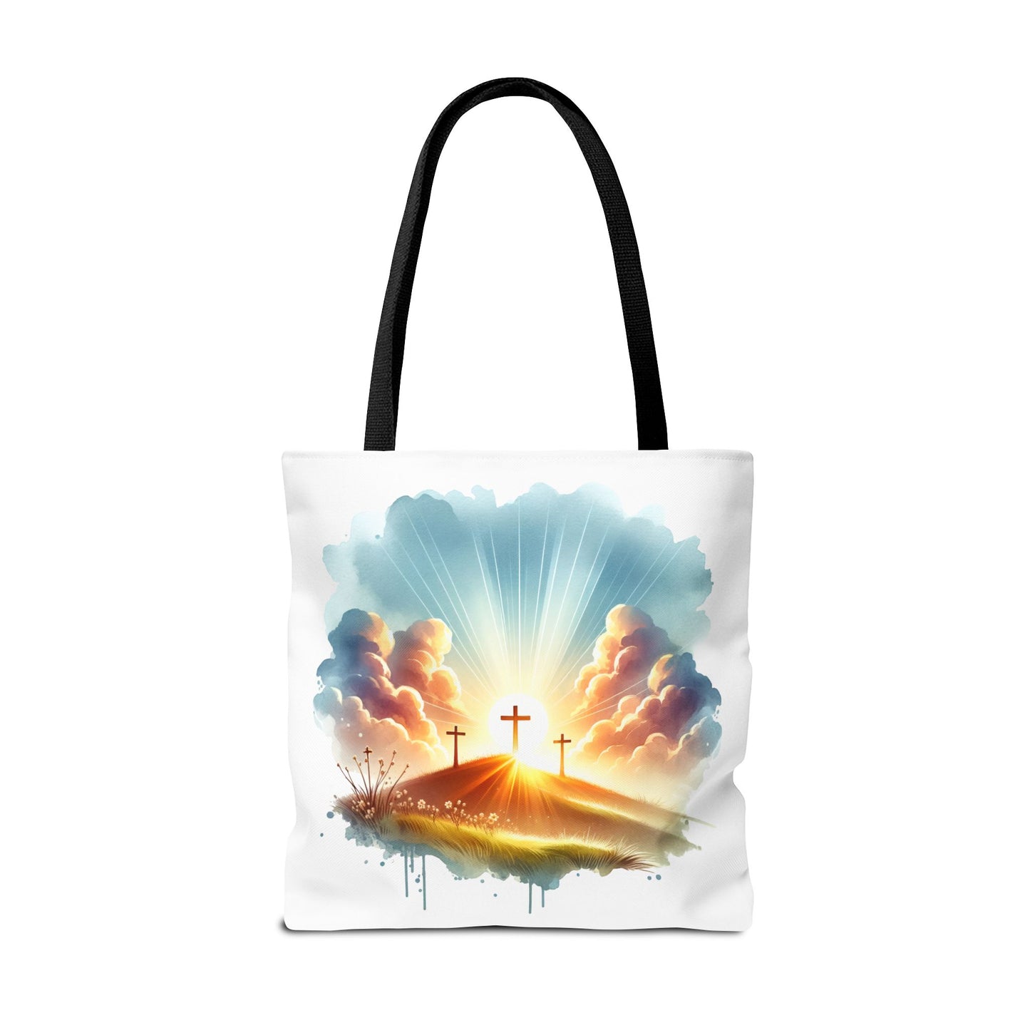 Religious Tote Bag – Three Crosses at Sunrise | Christian Easter Gift, Faith-Based Carryall, Inspirational Church Accessory
