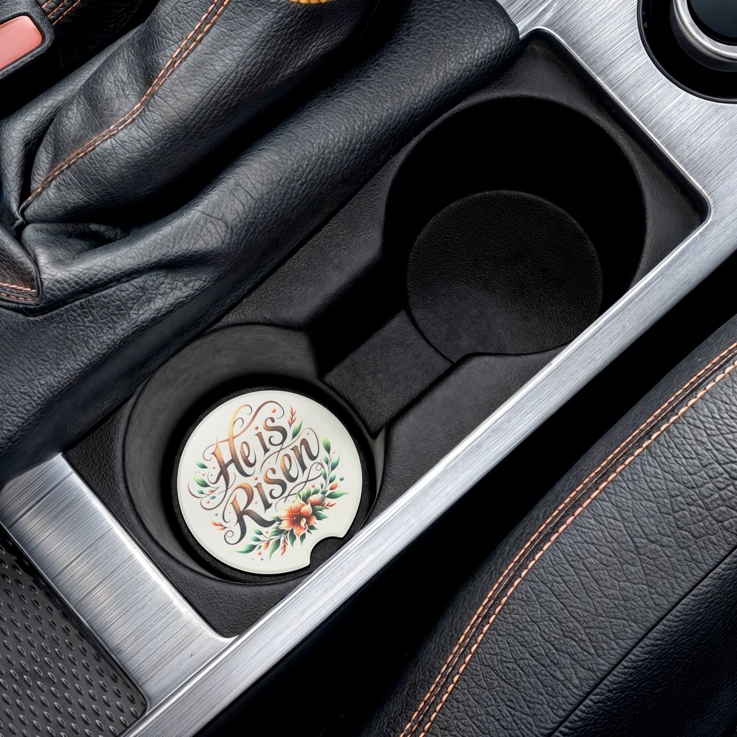 Soapstone Car Coaster - "He is Risen" Floral Design, Christian Decor, Car Accessories, Gift for Easter, Home & Auto Decor