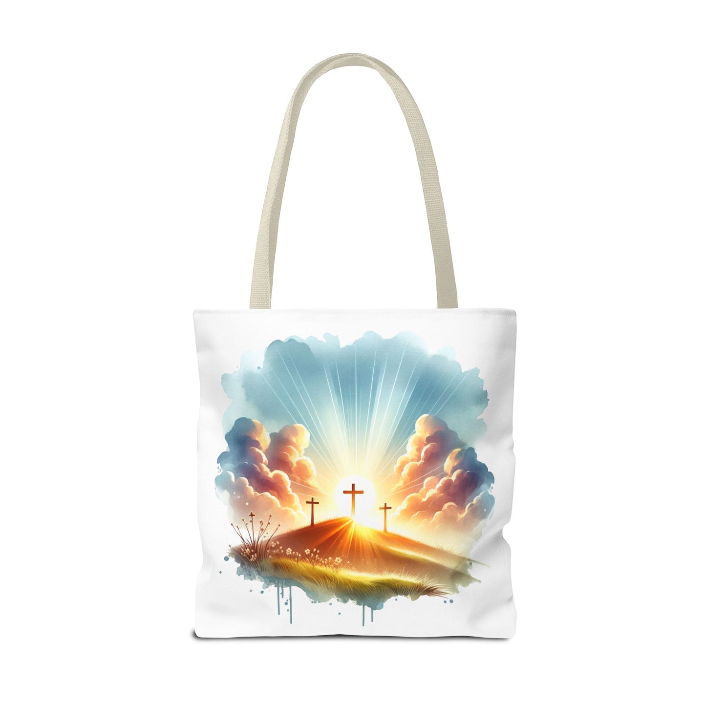 Religious Tote Bag – Three Crosses at Sunrise | Christian Easter Gift, Faith-Based Carryall, Inspirational Church Accessory