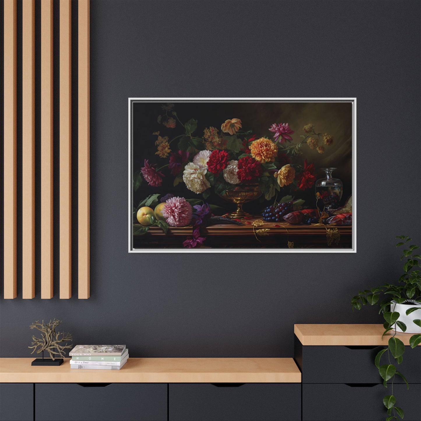 Framed Canvas Art, Classic Floral Still-Life Painting in Burgundy, Gold, Green. Timeless, Elegant Wall Decor. Fine Art Prints, Home Decor,