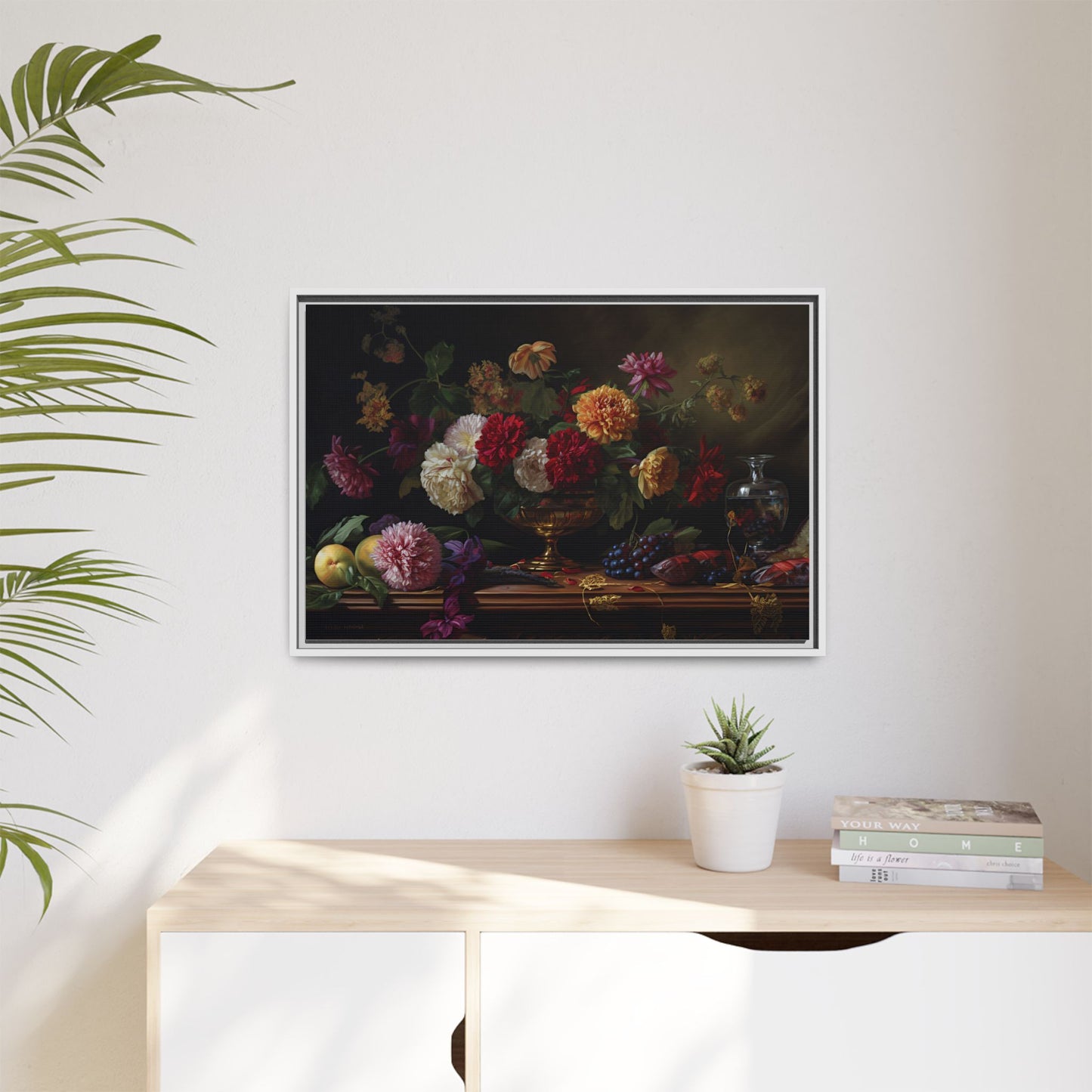 Framed Canvas Art, Classic Floral Still-Life Painting in Burgundy, Gold, Green. Timeless, Elegant Wall Decor. Fine Art Prints, Home Decor,