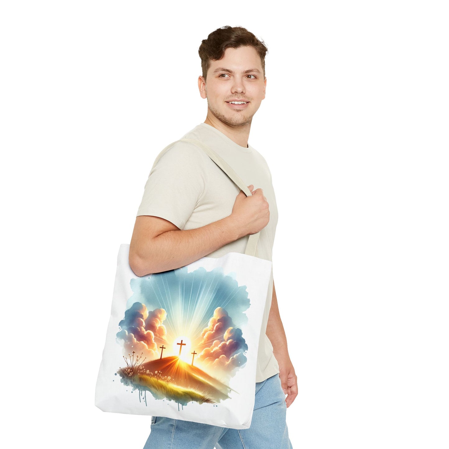 Religious Tote Bag – Three Crosses at Sunrise | Christian Easter Gift, Faith-Based Carryall, Inspirational Church Accessory