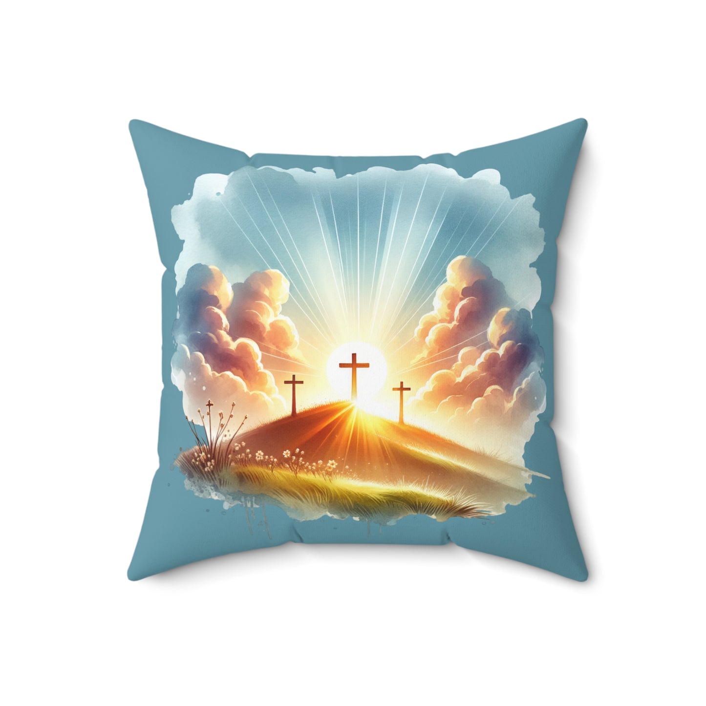 Three Crosses Sunrise Throw Pillow – Christian Home Decor & Easter Gift