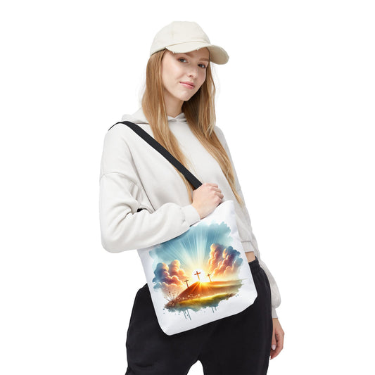 Religious Tote Bag – Three Crosses at Sunrise | Christian Easter Gift, Faith-Based Carryall, Inspirational Church Accessory