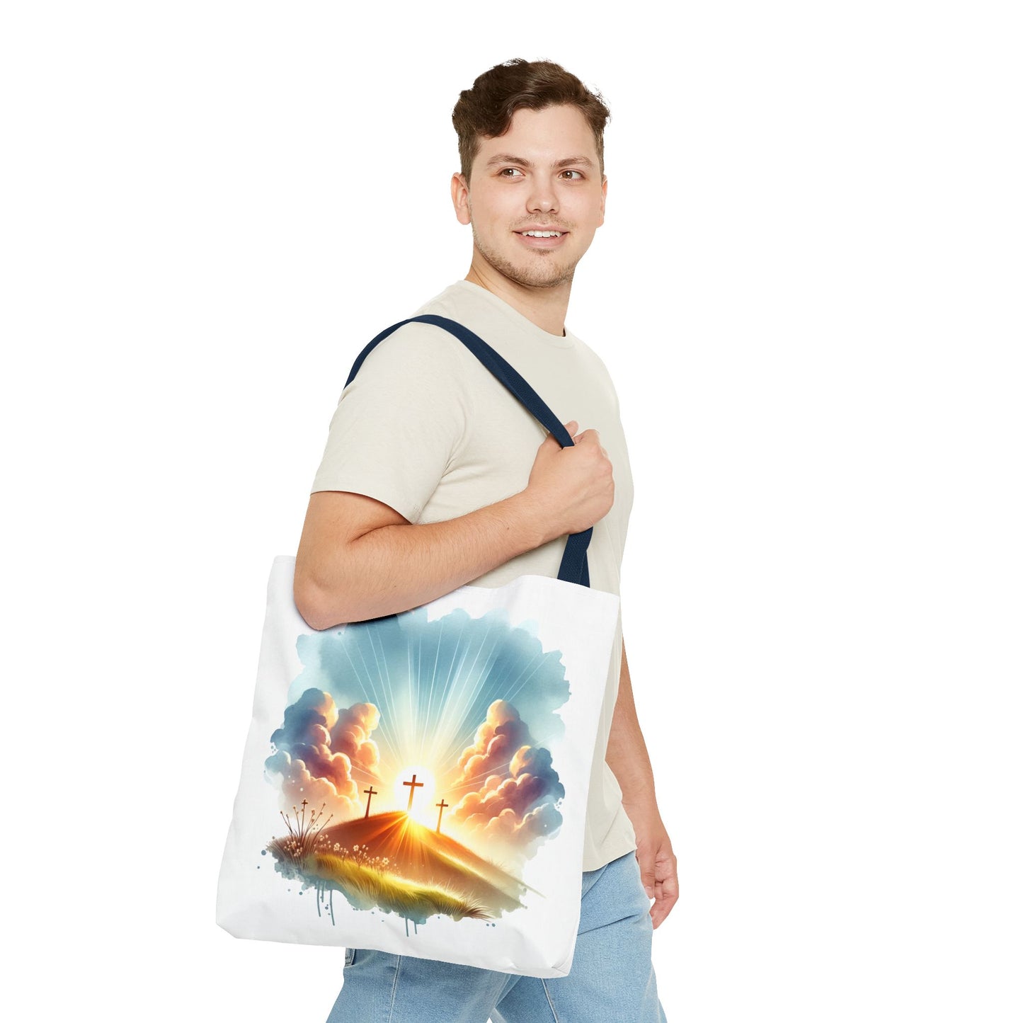 Religious Tote Bag – Three Crosses at Sunrise | Christian Easter Gift, Faith-Based Carryall, Inspirational Church Accessory