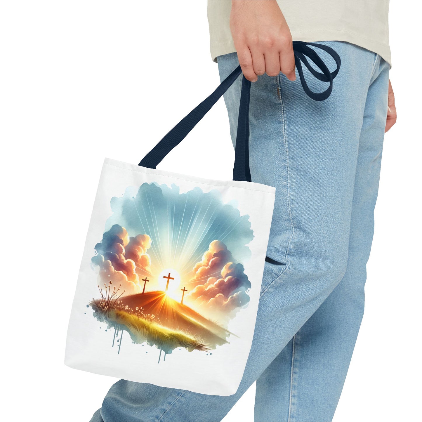 Religious Tote Bag – Three Crosses at Sunrise | Christian Easter Gift, Faith-Based Carryall, Inspirational Church Accessory