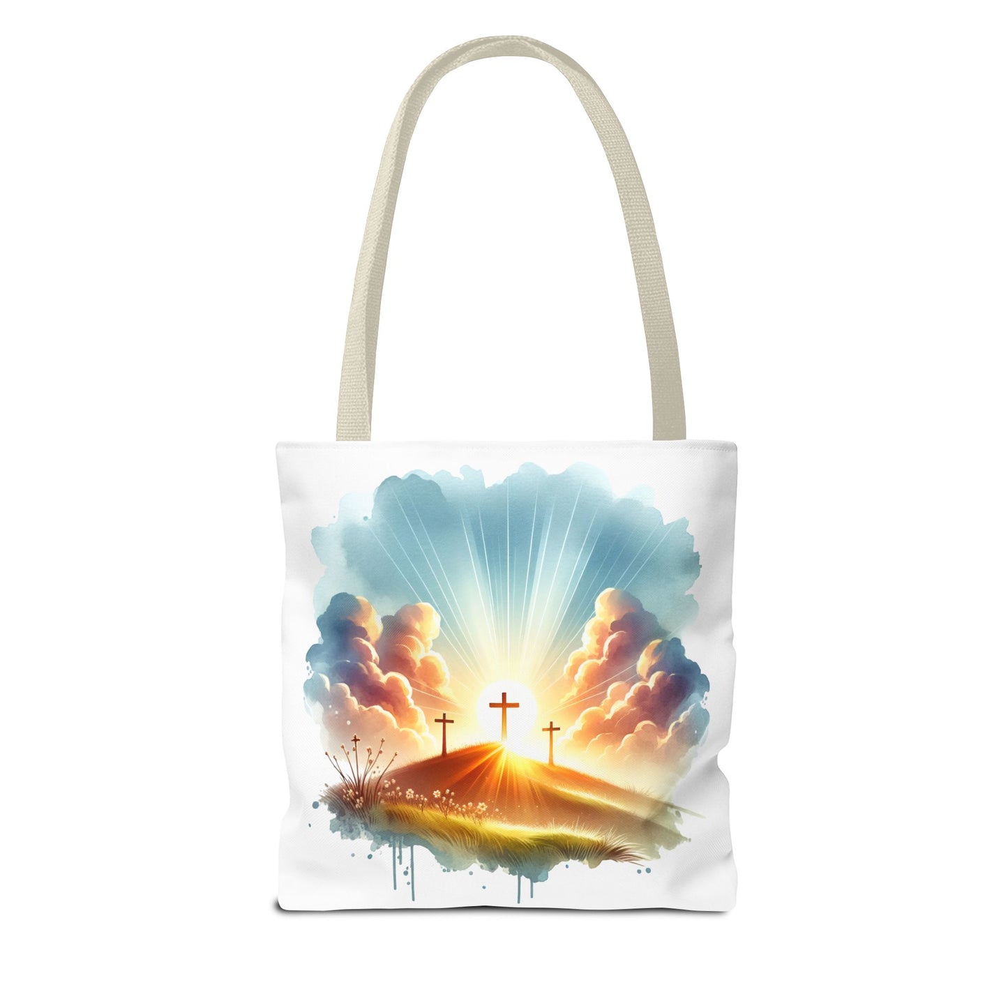 Religious Tote Bag – Three Crosses at Sunrise | Christian Easter Gift, Faith-Based Carryall, Inspirational Church Accessory