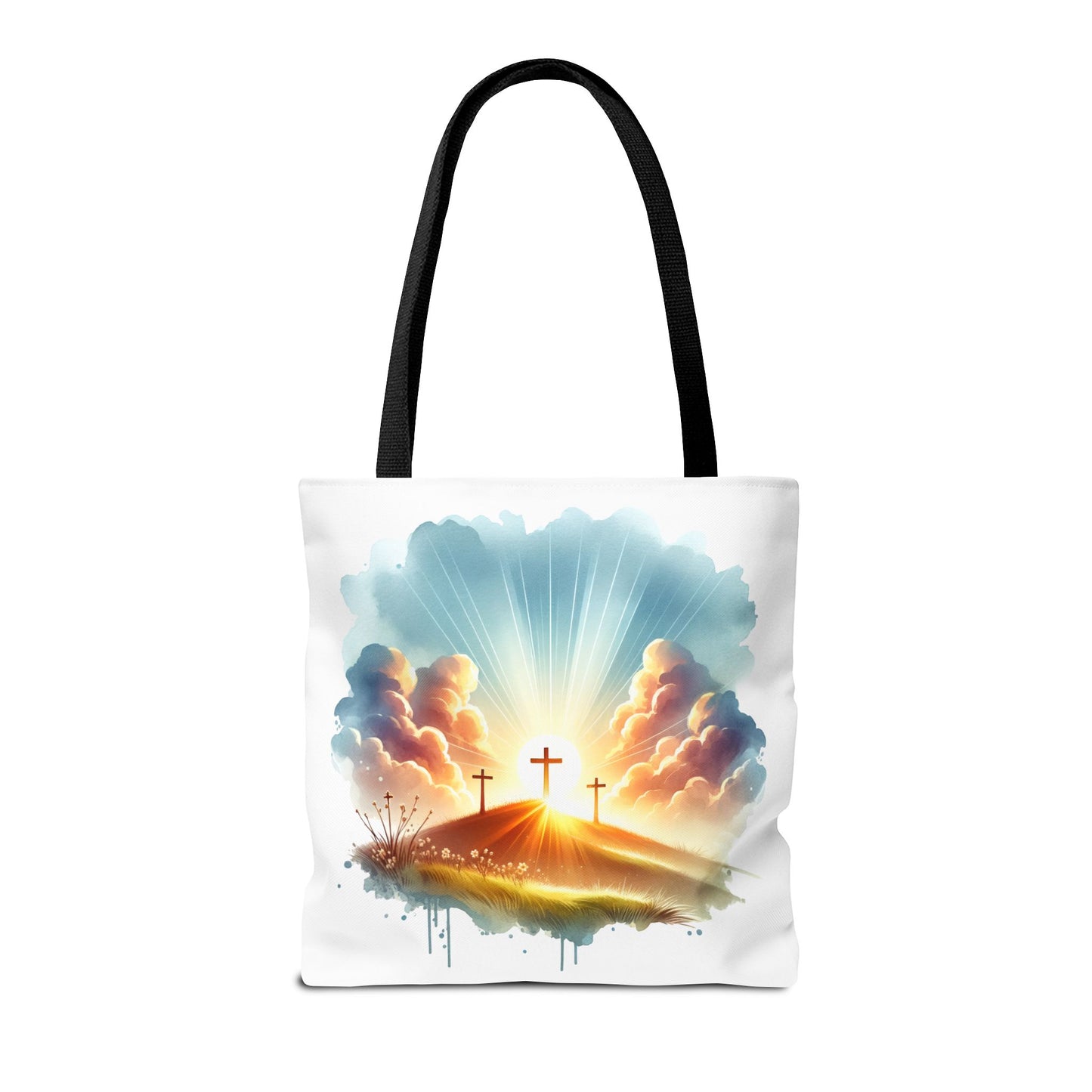 Religious Tote Bag – Three Crosses at Sunrise | Christian Easter Gift, Faith-Based Carryall, Inspirational Church Accessory