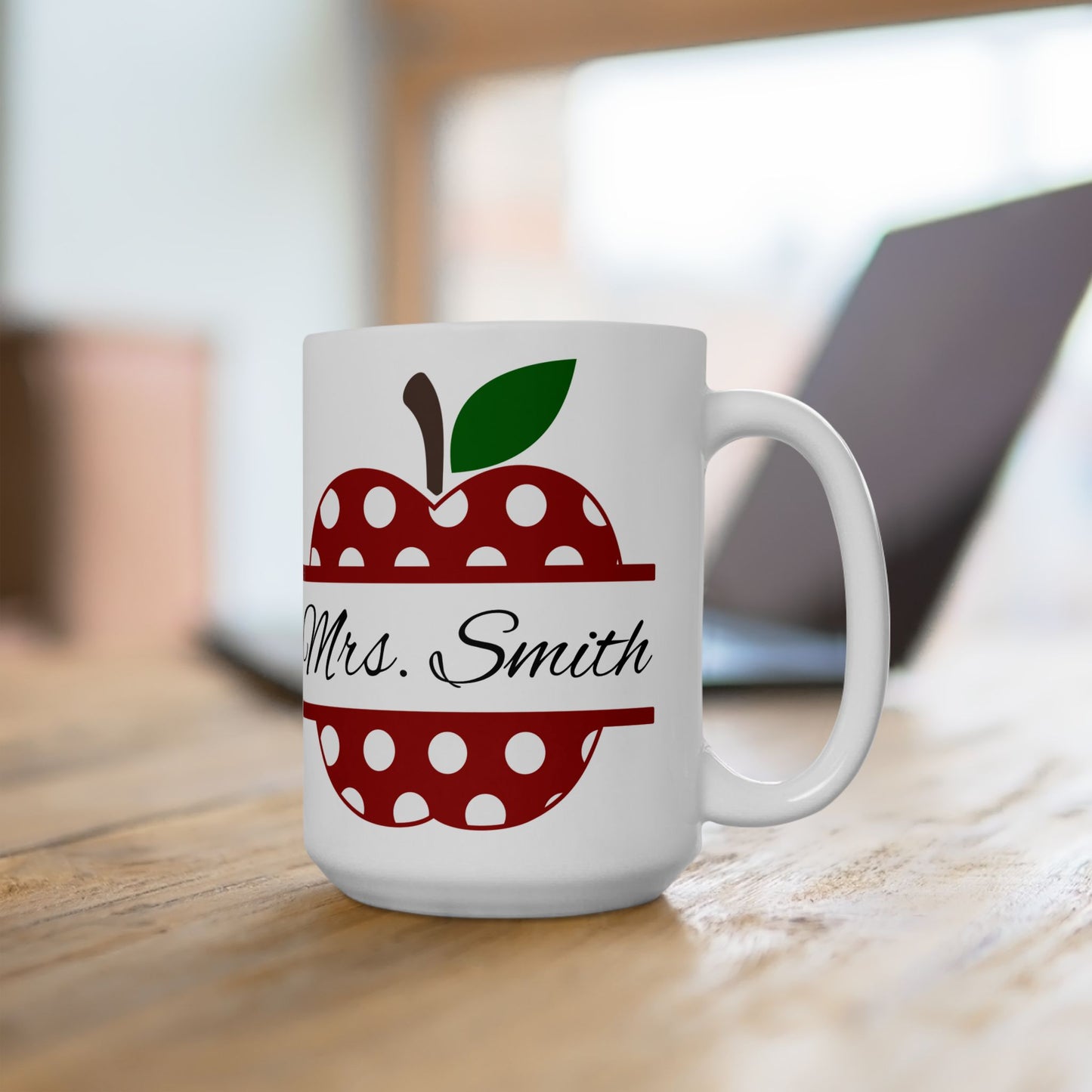 Personalized Polka Dot Apple Ceramic Mug – Cute Teacher Gift, 15oz Coffee Cup