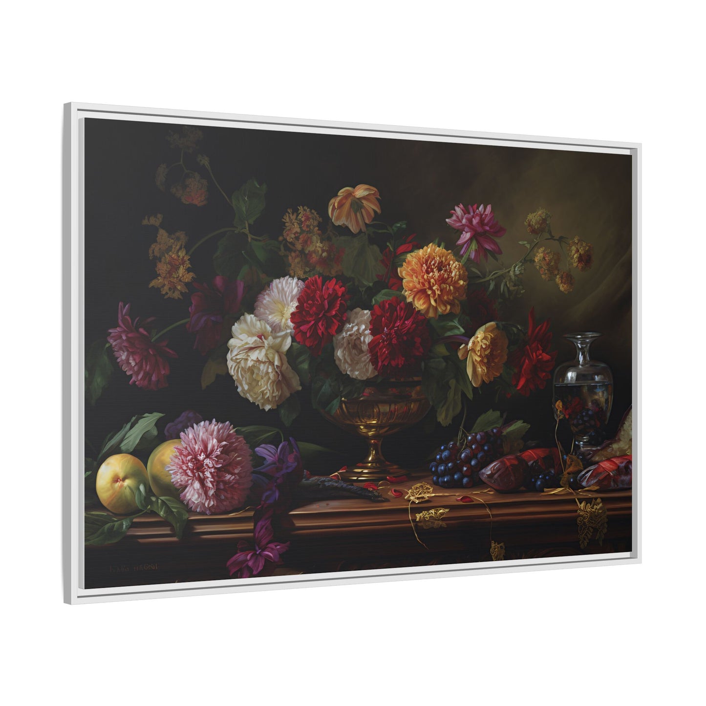 Framed Canvas Art, Classic Floral Still-Life Painting in Burgundy, Gold, Green. Timeless, Elegant Wall Decor. Fine Art Prints, Home Decor,