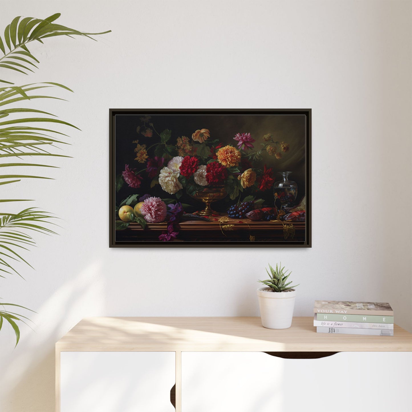 Framed Canvas Art, Classic Floral Still-Life Painting in Burgundy, Gold, Green. Timeless, Elegant Wall Decor. Fine Art Prints, Home Decor,