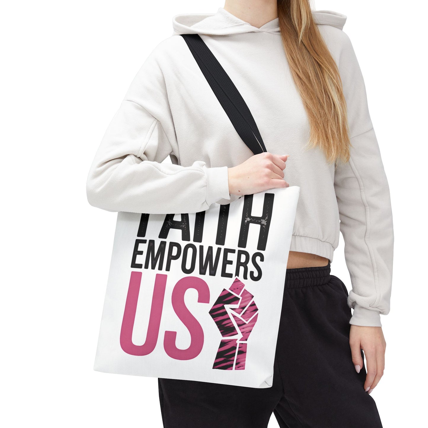 FAITH EMPOWERS US – Empowerment Tote Bag | Bold Christian Statement Bag | Feminine Faith Gift