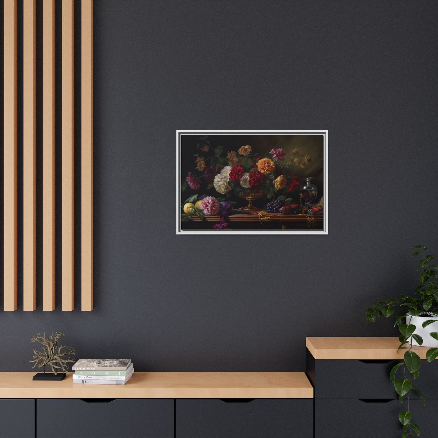 Framed Canvas Art, Classic Floral Still-Life Painting in Burgundy, Gold, Green. Timeless, Elegant Wall Decor. Fine Art Prints, Home Decor,