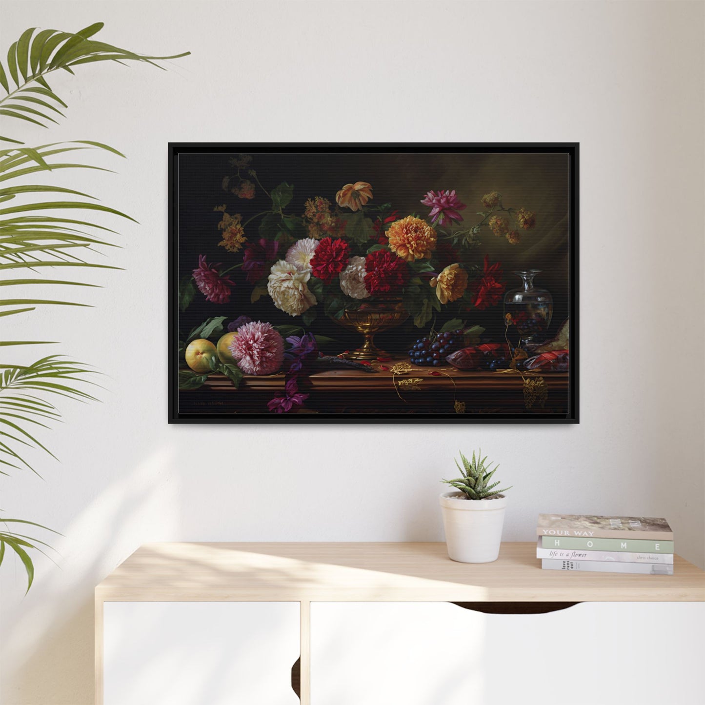 Framed Canvas Art, Classic Floral Still-Life Painting in Burgundy, Gold, Green. Timeless, Elegant Wall Decor. Fine Art Prints, Home Decor,