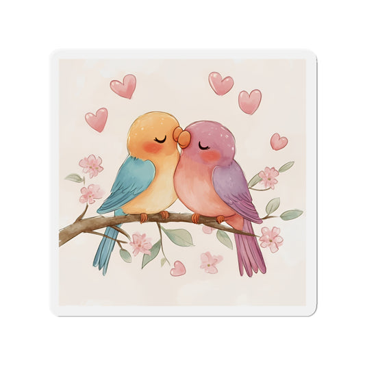 Lovebirds Die-Cut Magnet, Colorful Lovebirds Sitting on Flowering Branch, Outdoor Use, 6x6 and 5x5, Fridge Magnet, Cute Birds Magnet, Heart