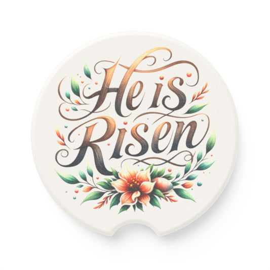Soapstone Car Coaster - "He is Risen" Floral Design, Christian Decor, Car Accessories, Gift for Easter, Home & Auto Decor