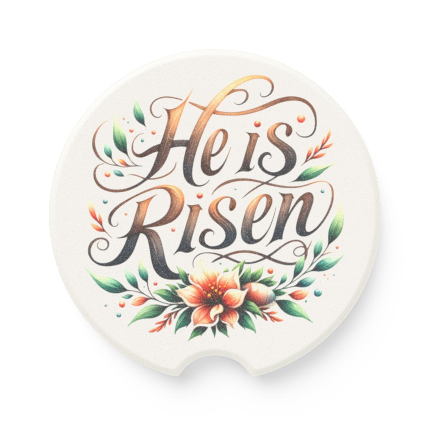 Soapstone Car Coaster - "He is Risen" Floral Design, Christian Decor, Car Accessories, Gift for Easter, Home & Auto Decor
