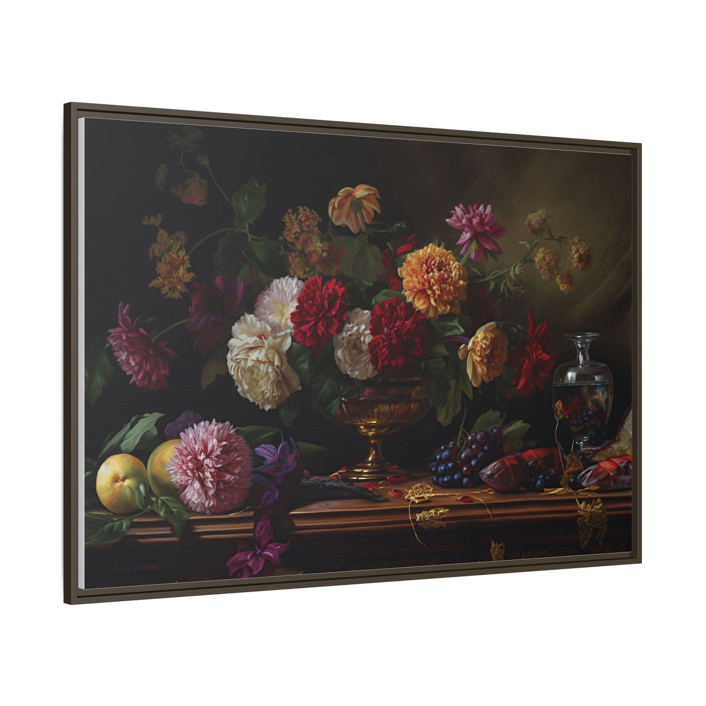 Framed Canvas Art, Classic Floral Still-Life Painting in Burgundy, Gold, Green. Timeless, Elegant Wall Decor. Fine Art Prints, Home Decor,
