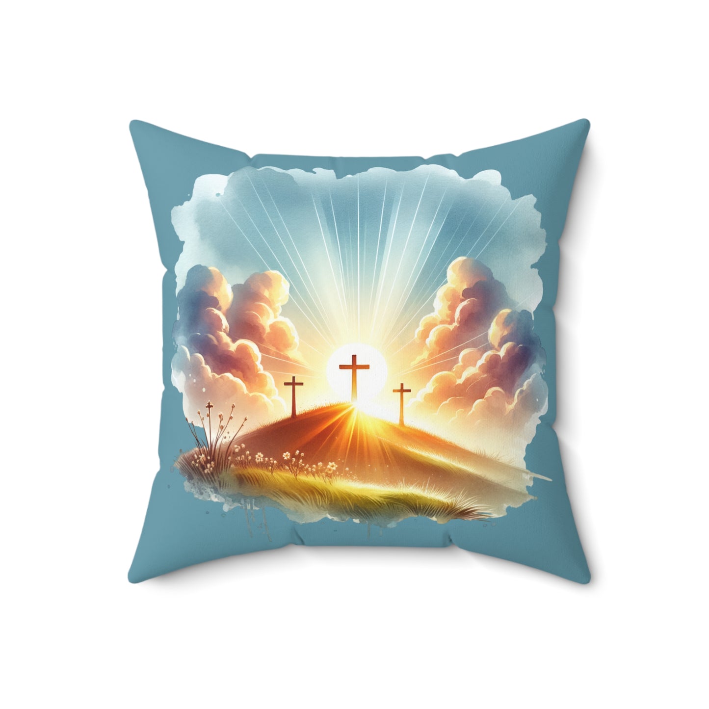 Three Crosses Sunrise Throw Pillow – Christian Home Decor & Easter Gift