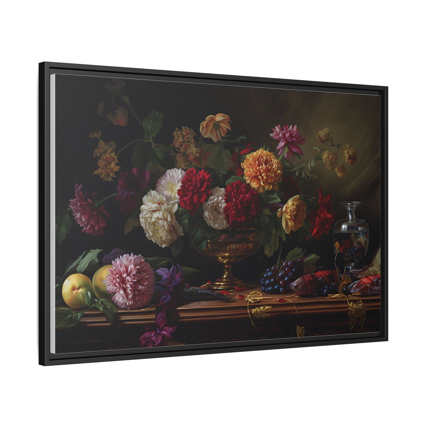 Framed Canvas Art, Classic Floral Still-Life Painting in Burgundy, Gold, Green. Timeless, Elegant Wall Decor. Fine Art Prints, Home Decor,