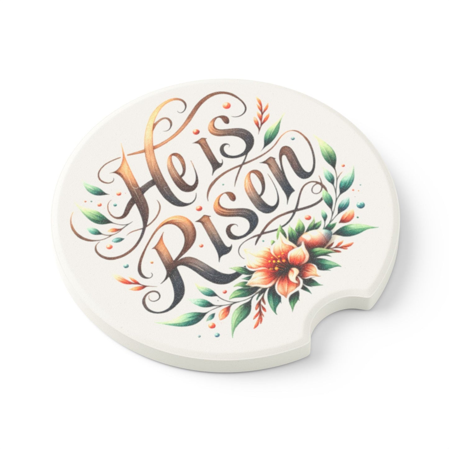 Soapstone Car Coaster - "He is Risen" Floral Design, Christian Decor, Car Accessories, Gift for Easter, Home & Auto Decor