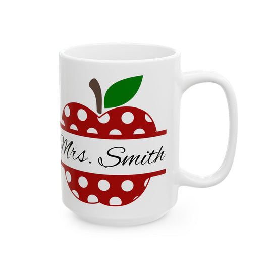 Personalized Polka Dot Apple Ceramic Mug – Cute Teacher Gift, 15oz Coffee Cup