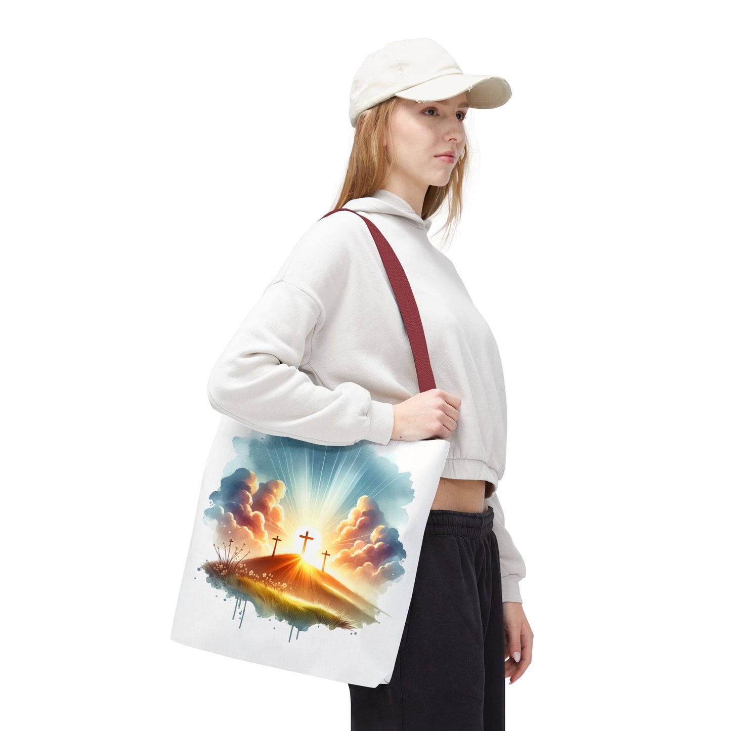 Religious Tote Bag – Three Crosses at Sunrise | Christian Easter Gift, Faith-Based Carryall, Inspirational Church Accessory