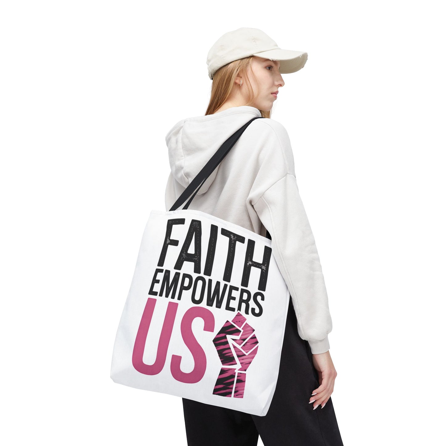 FAITH EMPOWERS US – Empowerment Tote Bag | Bold Christian Statement Bag | Feminine Faith Gift