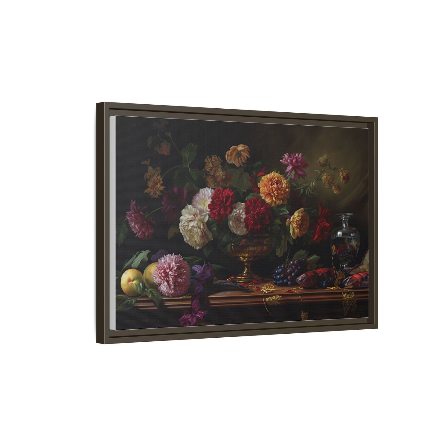 Framed Canvas Art, Classic Floral Still-Life Painting in Burgundy, Gold, Green. Timeless, Elegant Wall Decor. Fine Art Prints, Home Decor,