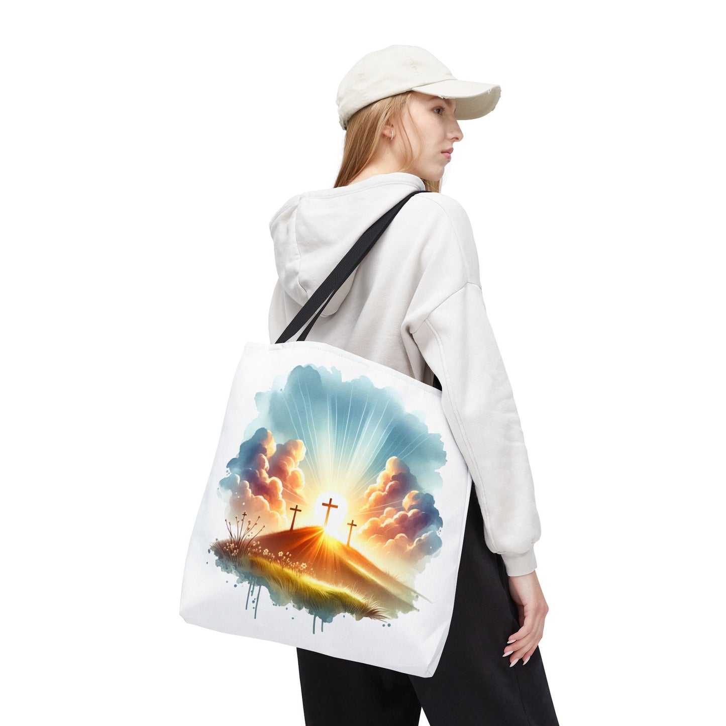 Religious Tote Bag – Three Crosses at Sunrise | Christian Easter Gift, Faith-Based Carryall, Inspirational Church Accessory