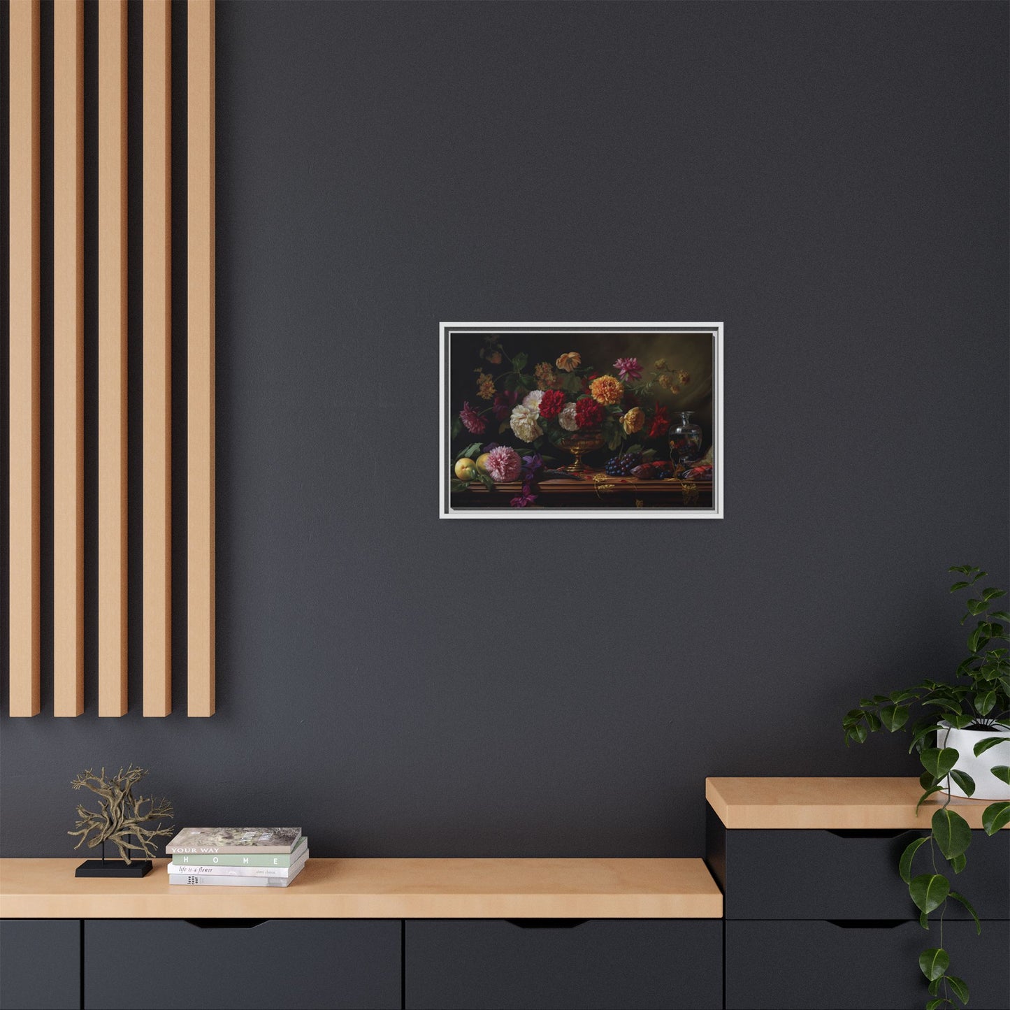 Framed Canvas Art, Classic Floral Still-Life Painting in Burgundy, Gold, Green. Timeless, Elegant Wall Decor. Fine Art Prints, Home Decor,