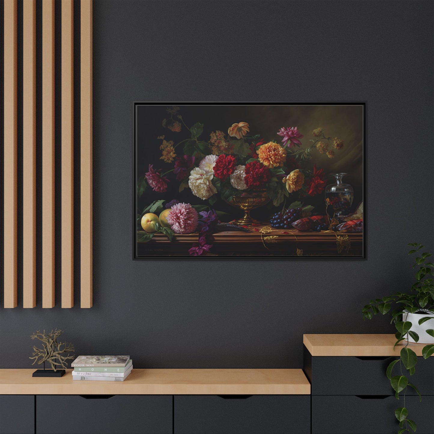Framed Canvas Art, Classic Floral Still-Life Painting in Burgundy, Gold, Green. Timeless, Elegant Wall Decor. Fine Art Prints, Home Decor,
