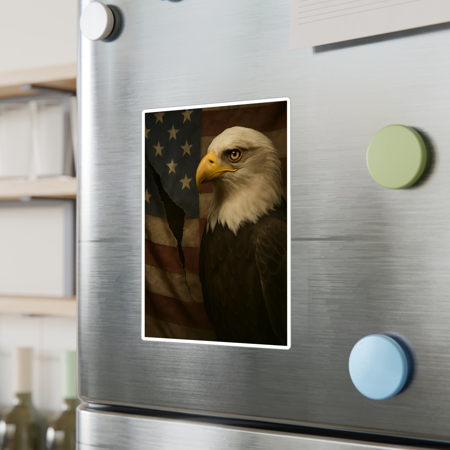 Patriotic Bald Eagle Vinyl Decal – Torn American Flag with Symbolic Eagle Eye Detail