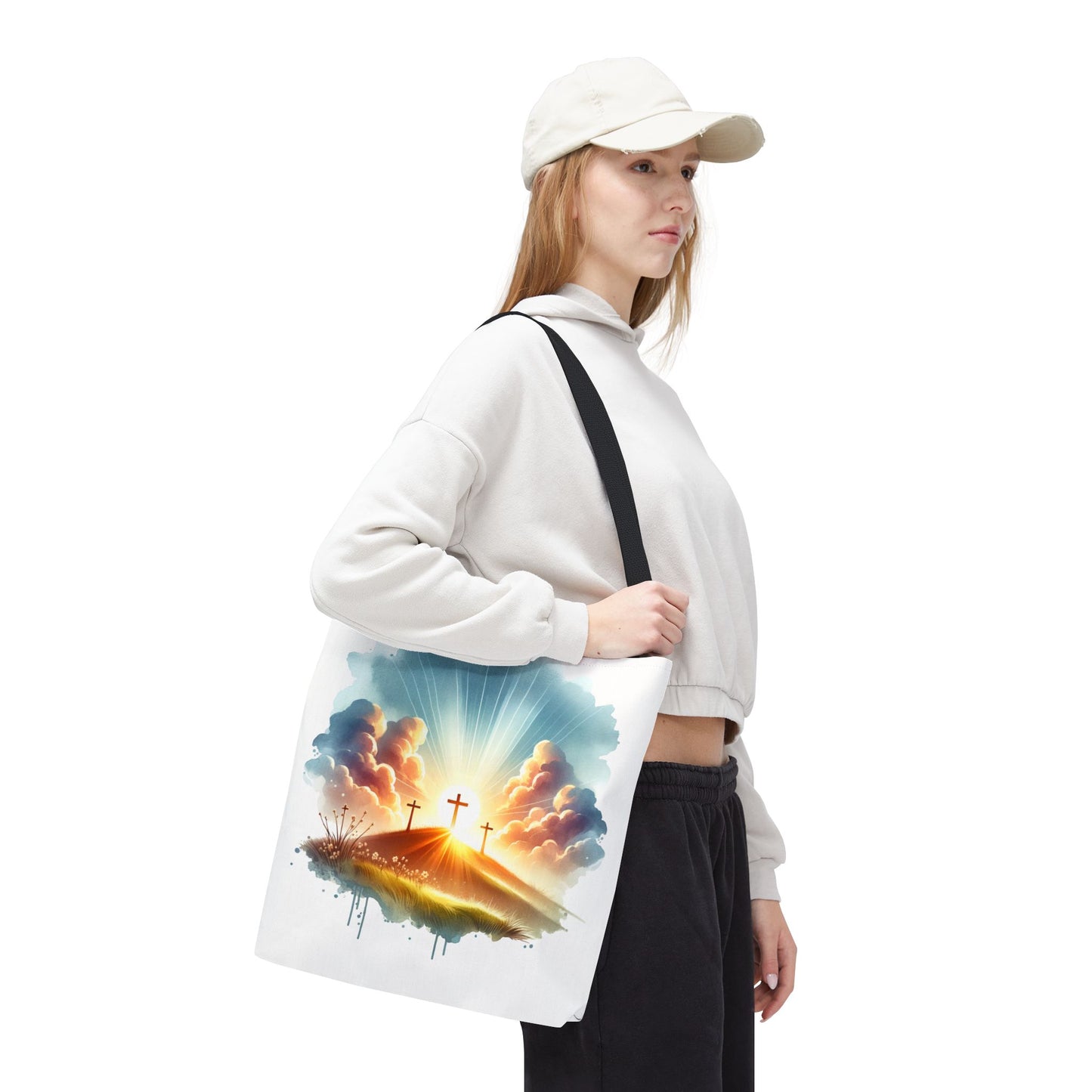 Religious Tote Bag – Three Crosses at Sunrise | Christian Easter Gift, Faith-Based Carryall, Inspirational Church Accessory