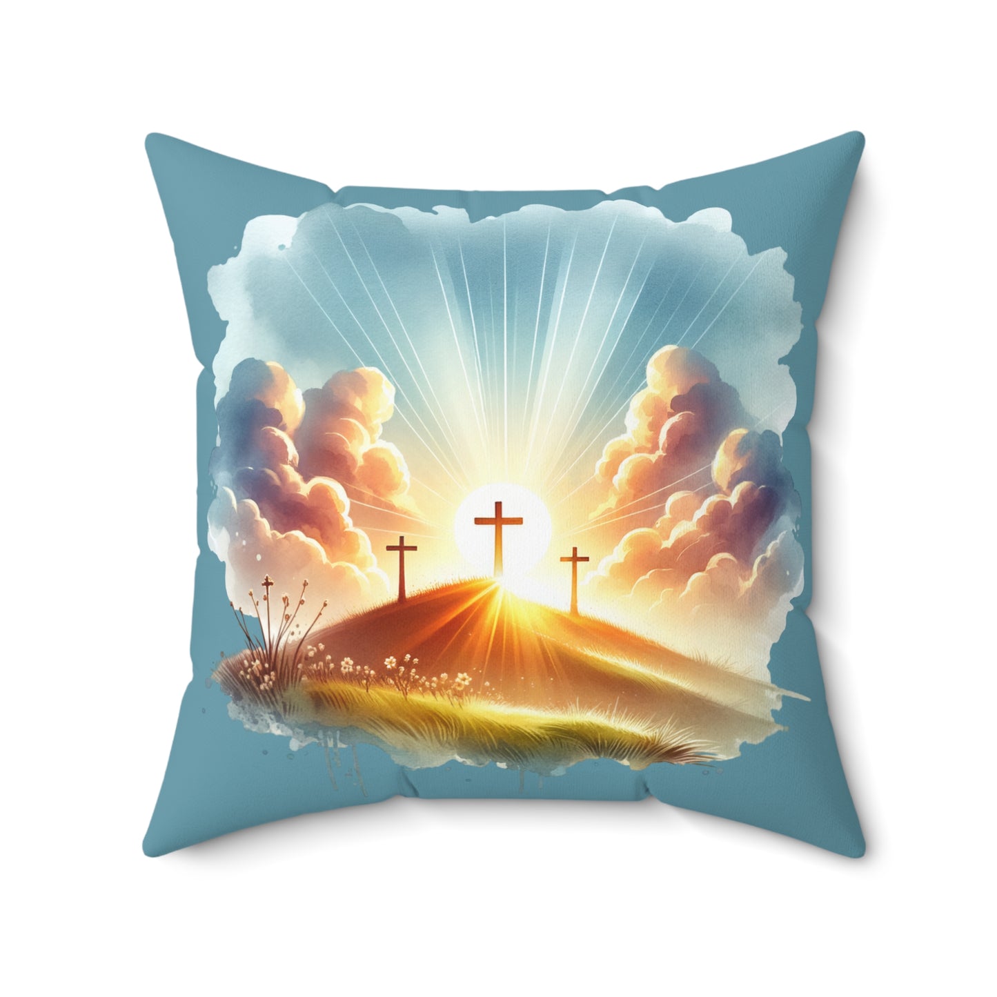 Three Crosses Sunrise Throw Pillow – Christian Home Decor & Easter Gift