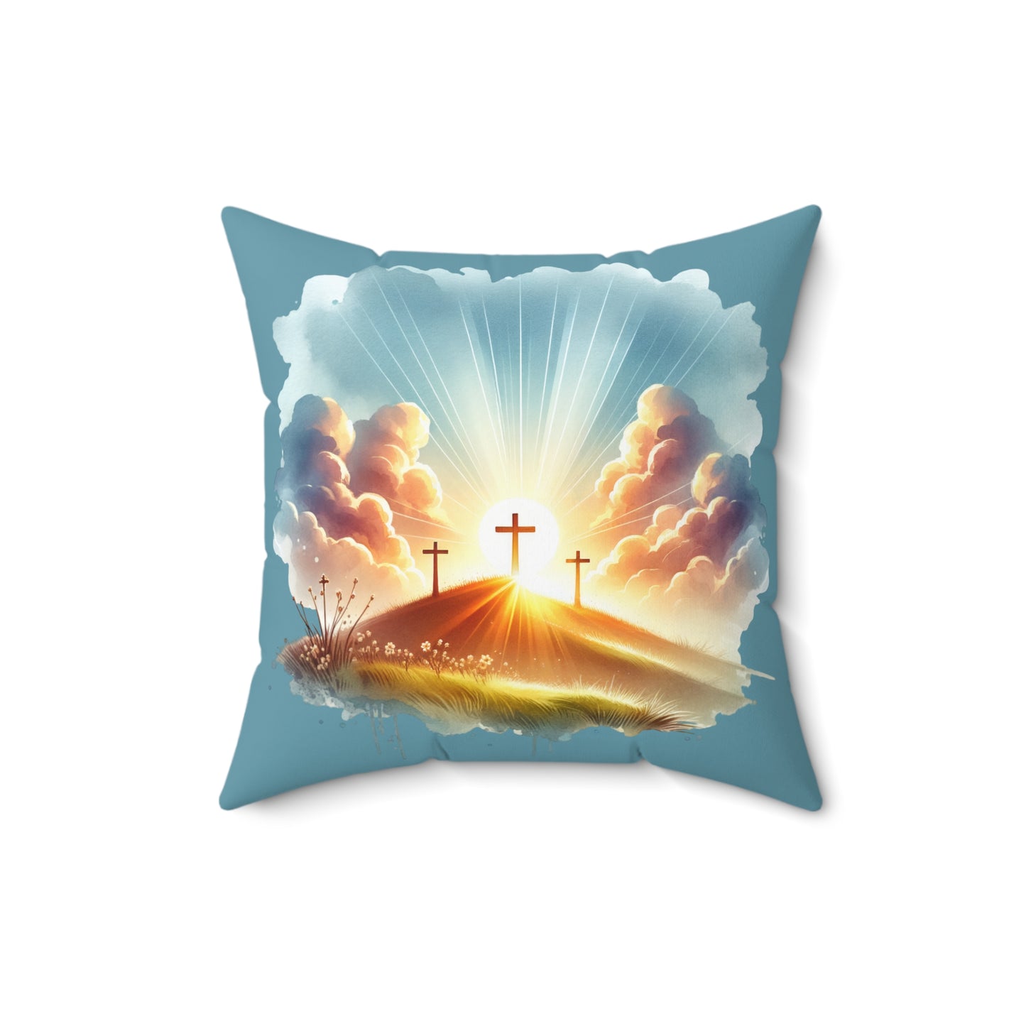 Three Crosses Sunrise Throw Pillow – Christian Home Decor & Easter Gift