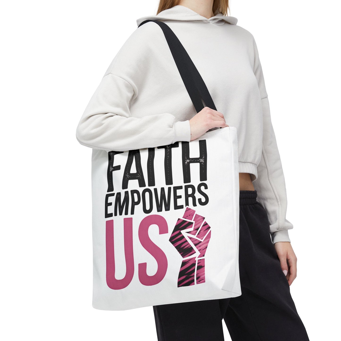 FAITH EMPOWERS US – Empowerment Tote Bag | Bold Christian Statement Bag | Feminine Faith Gift