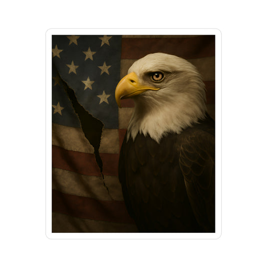 Patriotic Bald Eagle Vinyl Decal – Torn American Flag with Symbolic Eagle Eye Detail