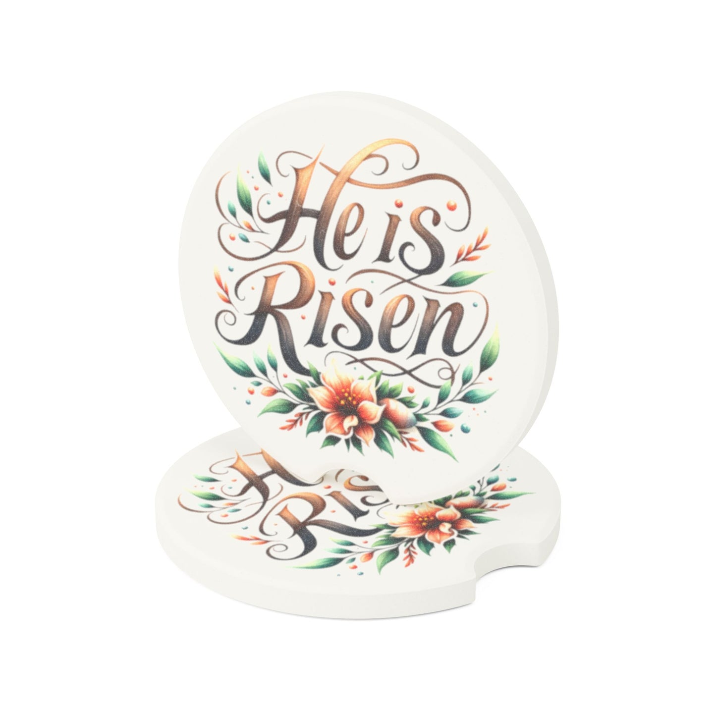 Soapstone Car Coaster - "He is Risen" Floral Design, Christian Decor, Car Accessories, Gift for Easter, Home & Auto Decor
