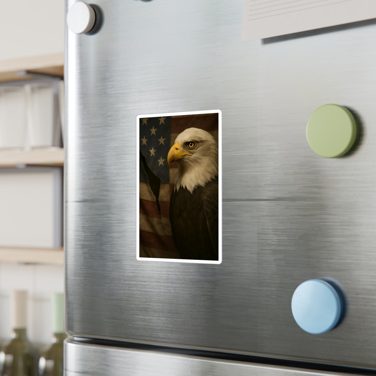 Patriotic Bald Eagle Vinyl Decal – Torn American Flag with Symbolic Eagle Eye Detail