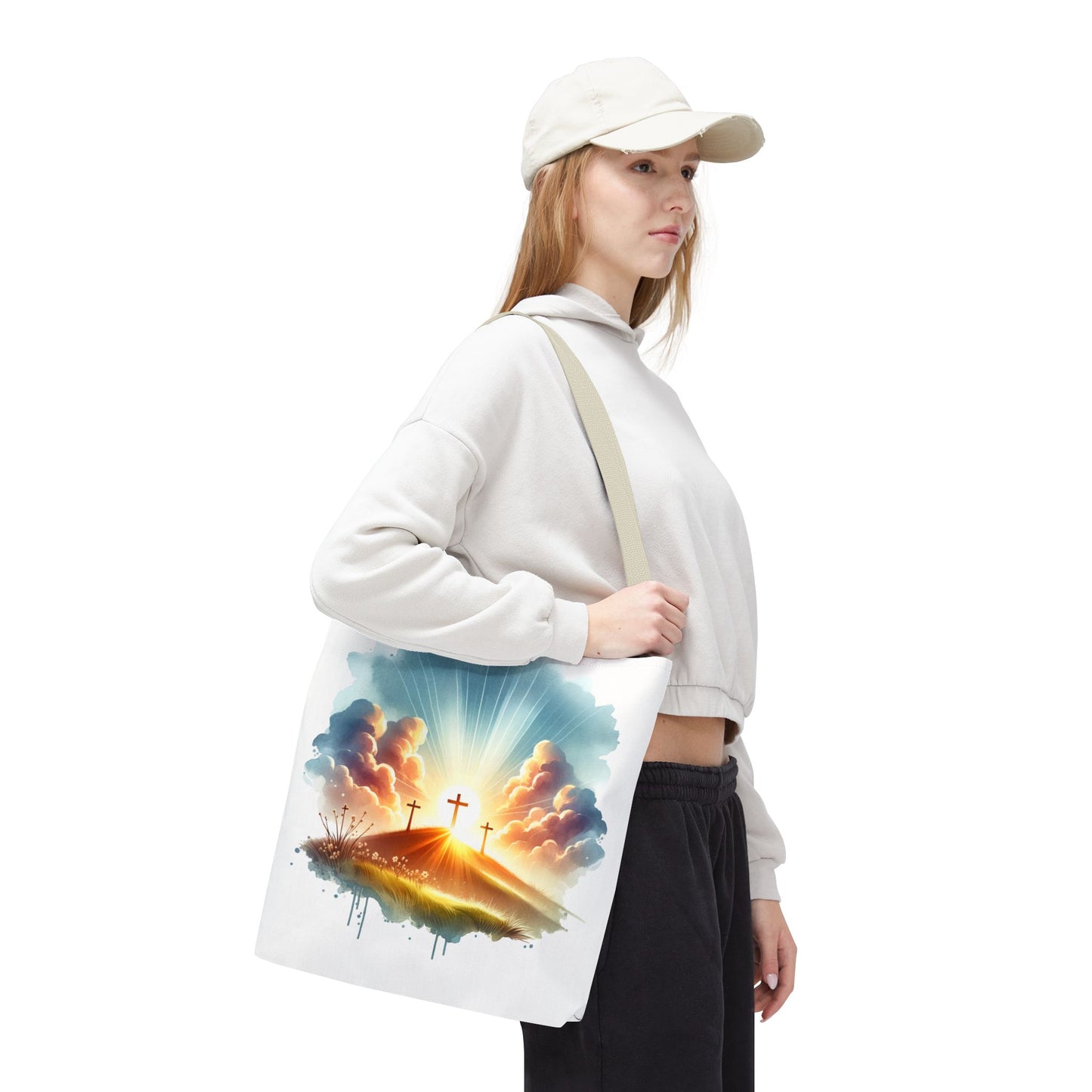 Religious Tote Bag – Three Crosses at Sunrise | Christian Easter Gift, Faith-Based Carryall, Inspirational Church Accessory