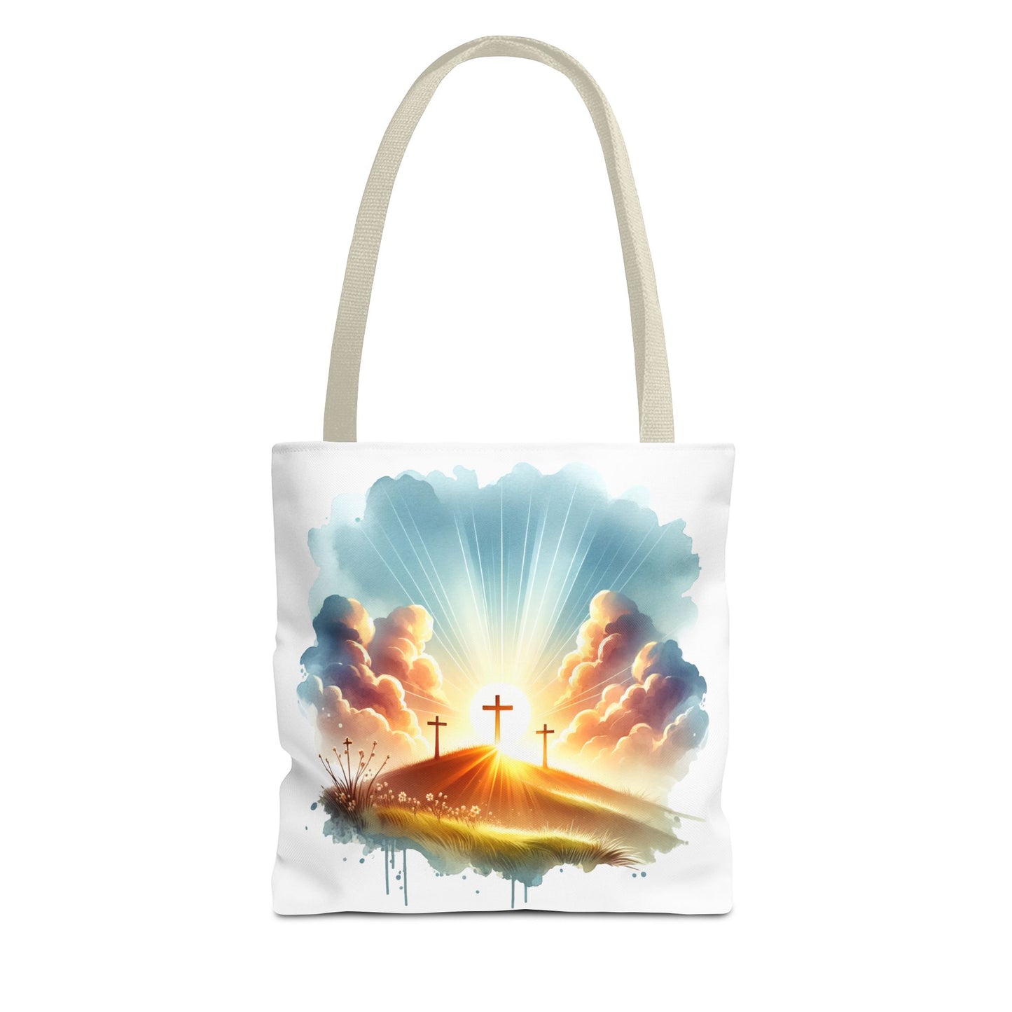 Religious Tote Bag – Three Crosses at Sunrise | Christian Easter Gift, Faith-Based Carryall, Inspirational Church Accessory