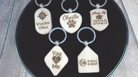 Personalized Wooden Keychain – Laser Engraved Gift – Custom Shape & Message